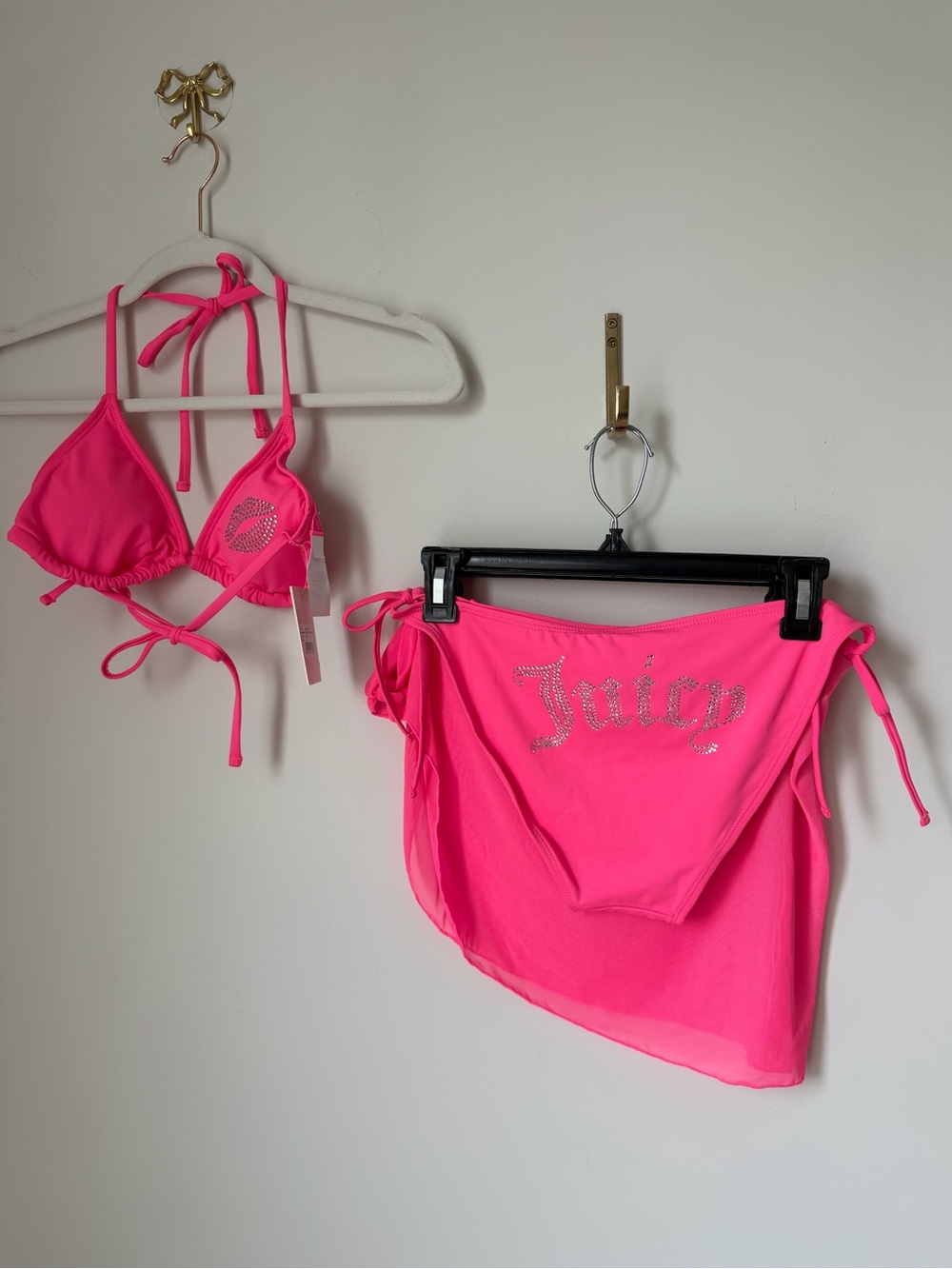 Juicy Couture Hot Pink lips Rhinestone Bikini Set with mesh sarong Skirt